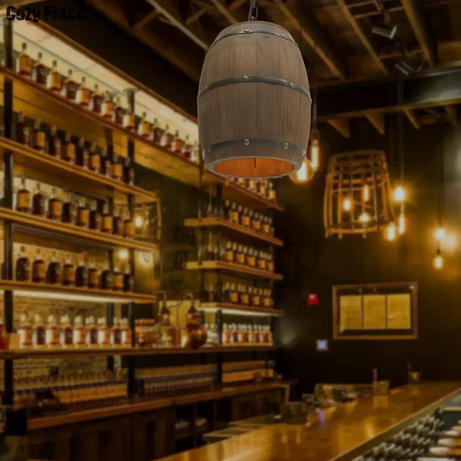 Home Bar Cafe - Lampe rustique vintage, lustre en bois,